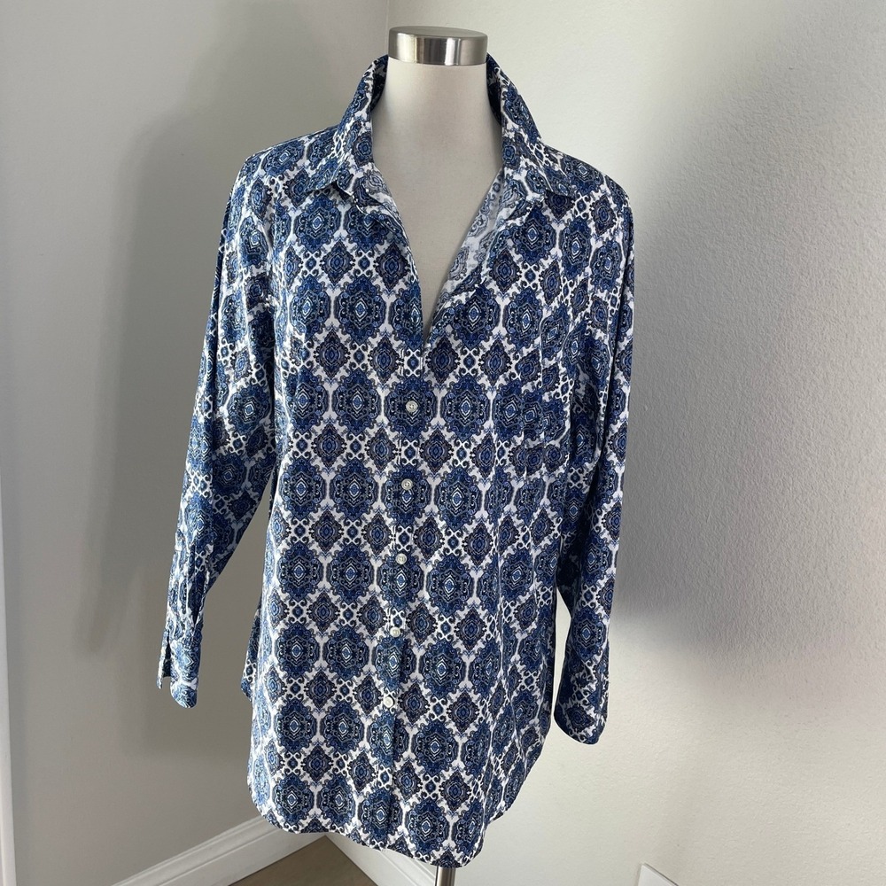 Lands End Womens Plus 20W‎ No Iron Supima Cotton Paisley Button Up Shirt Top